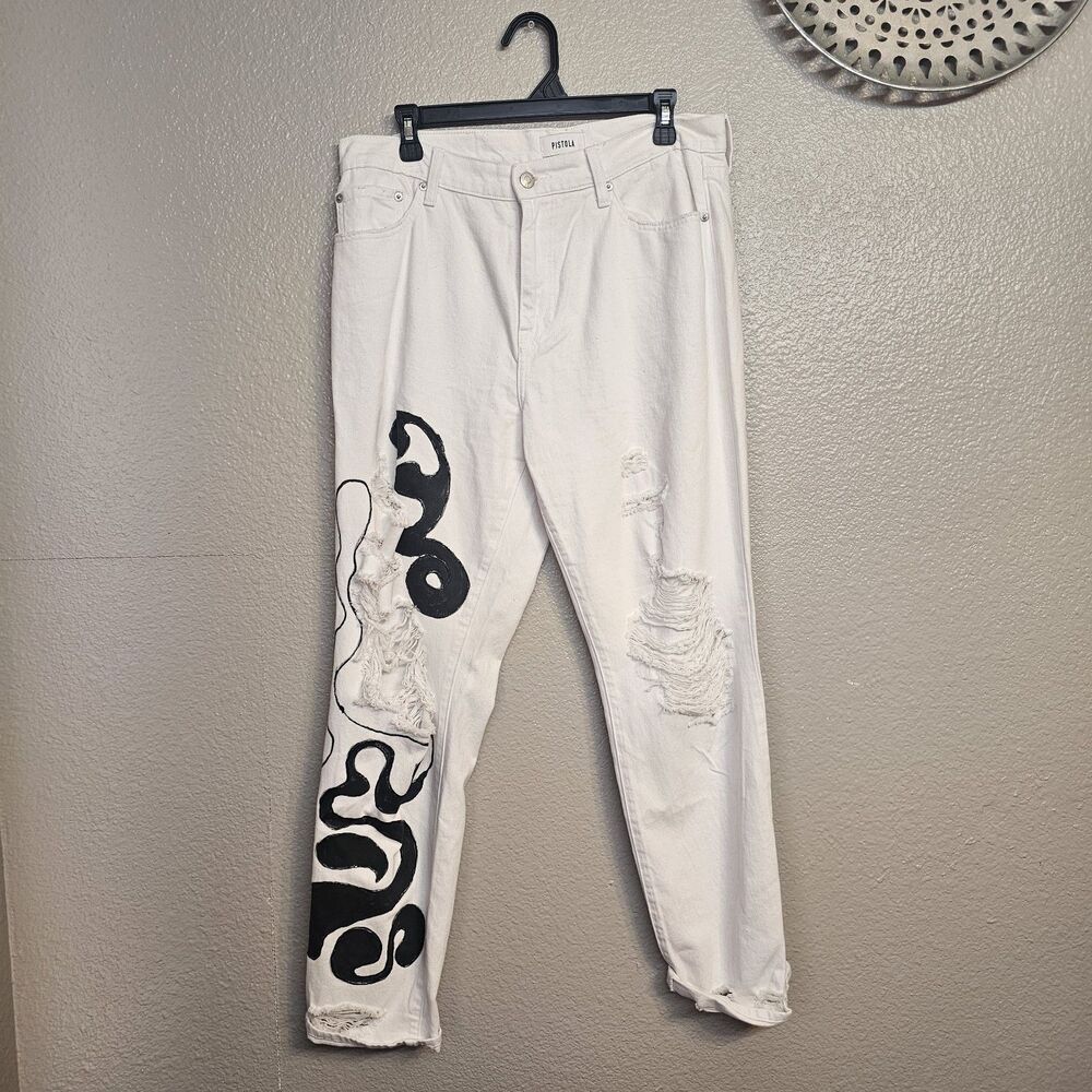 Pistola White Distressed Jeans Black Abstract Painted Design Women’s Sz 30 X619